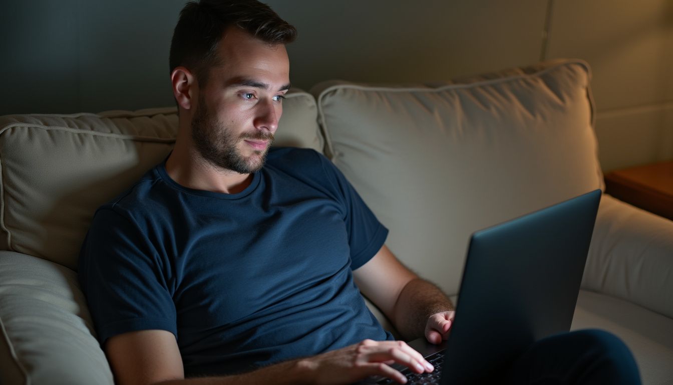 A man sits on a couch, watching football on his laptop. A man sits on a couch, watching football on his laptop.