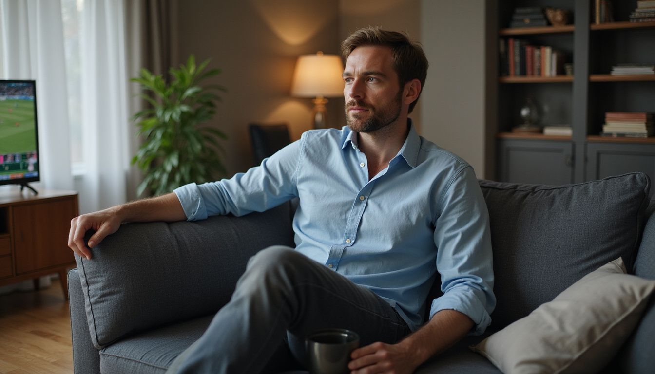 A man in his 30s, dressed casually, watches a cricket match on TV. A man in his 30s, dressed casually, watches a cricket match on TV.