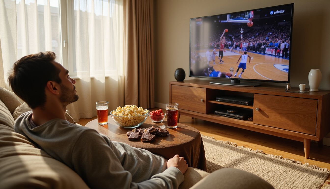 A man watches an NBA game in a cozy living room. A man watches an NBA game in a cozy living room.