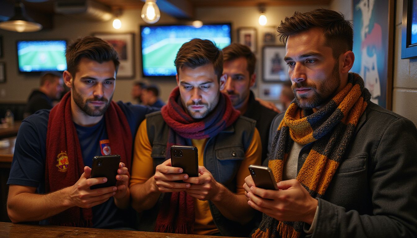 Soccer fans gather in a sports bar, checking their phones. Soccer fans gather in a sports bar, checking their phones.