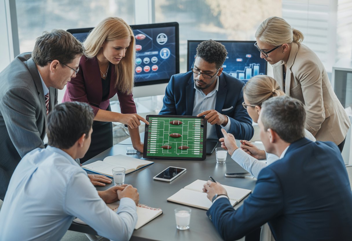 A group of people in an office collaborating around a table, looking at a digital tablet showing a fantasy football playoff bracket.