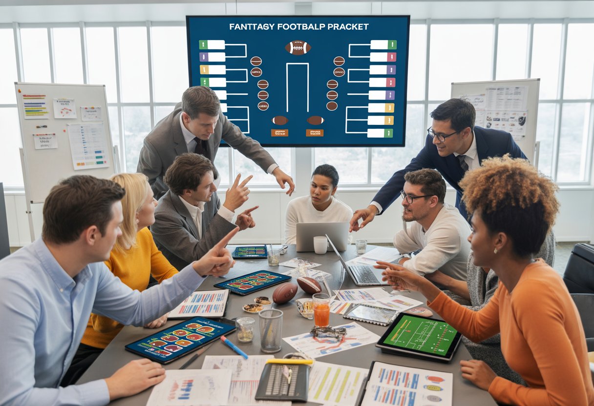 A group of 10 people working together around a table with laptops and charts, looking at a large screen displaying a football playoff bracket.