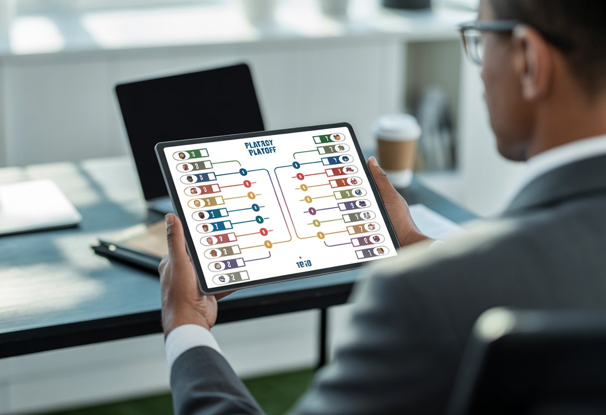A person holding a digital tablet displaying a colorful fantasy football playoff bracket with team icons and seeds in a modern office setting.