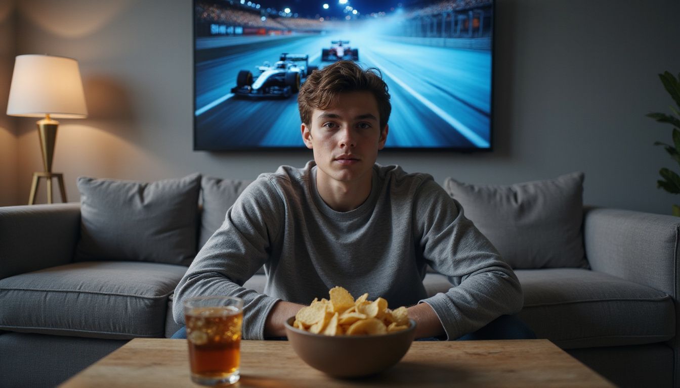 A young adult watching a live Formula 1 race on TV at home. A young adult watching a live Formula 1 race on TV at home.